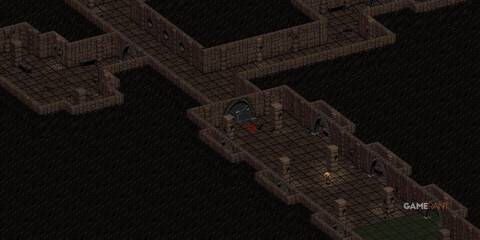 Chosen One fighting a Giant Ant in Temple of Trials in Fallout 2