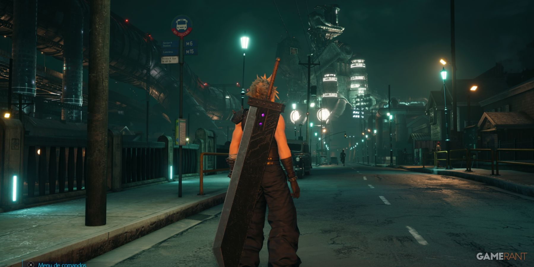 Cloud Strife on an empty street with industrial buildings in the background in Midgar, Final Fantasy 7 Remake.