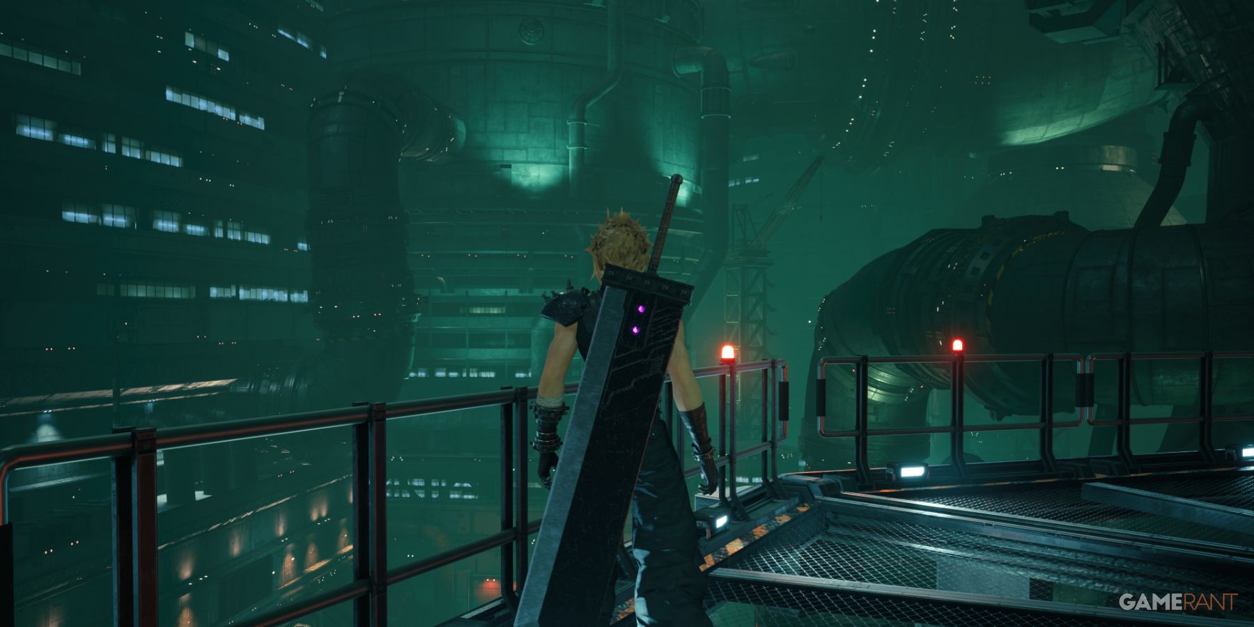 Cloud Strife overlooking the cityscape and reactors of Midgar, Final Fantasy 7 Remake