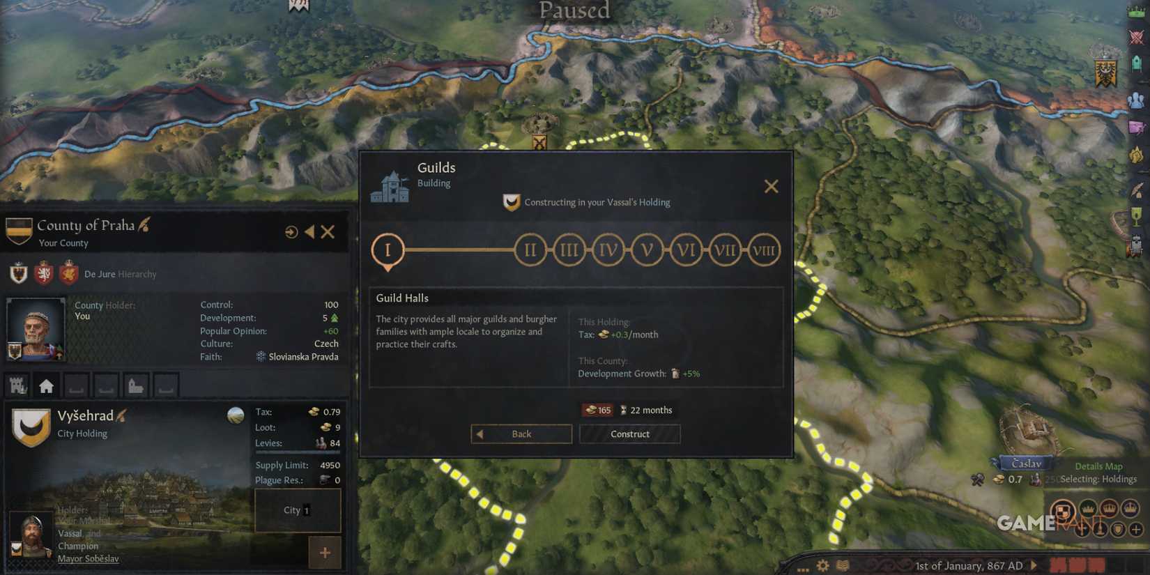 Constructing Guild Halls boosts tax and development in Crusader Kings 3
