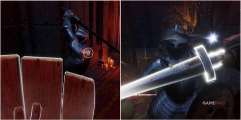 A split image of Dungeonborne showcasing the parry mechanic.