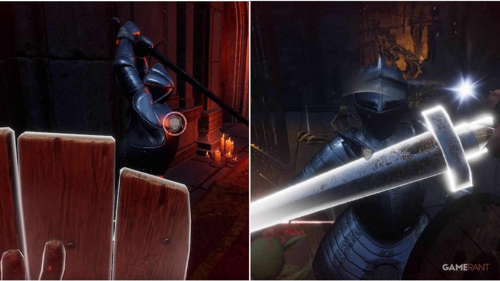 A split image of Dungeonborne showcasing the parry mechanic.