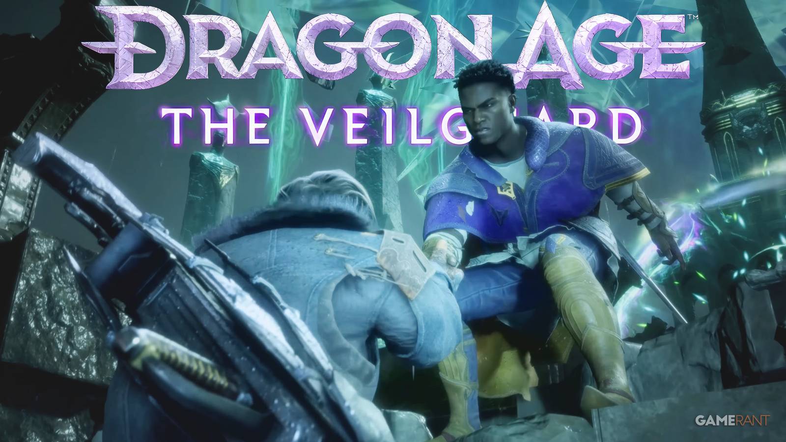 Dragon Age The Veilguard helping hand gameplay reveal screenshot with game logo