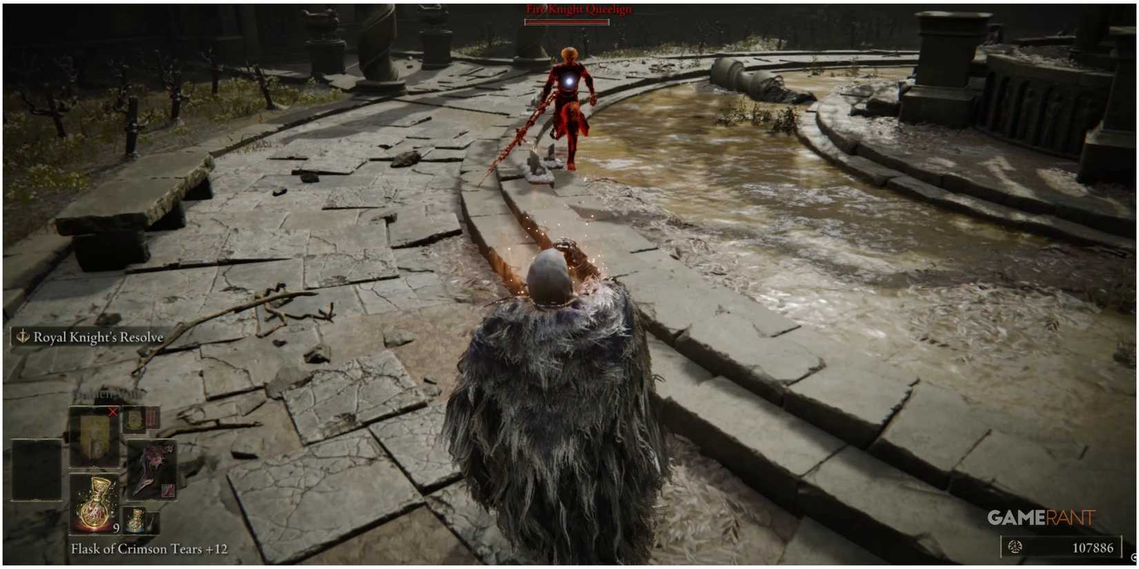 The player fighting Fire Knight Queelign in Elden Ring: Shadow of the Erdtree.