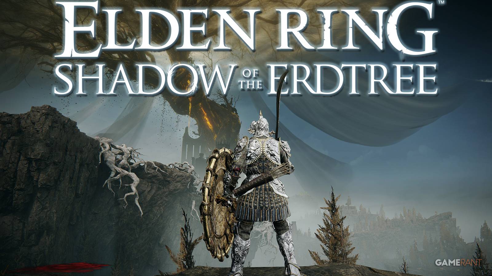 Elden Ring Shadow of the Erdtree scadutree game logo Tarnished in Beast Champion armor with BH Fang and Erdtree Greatshield composite