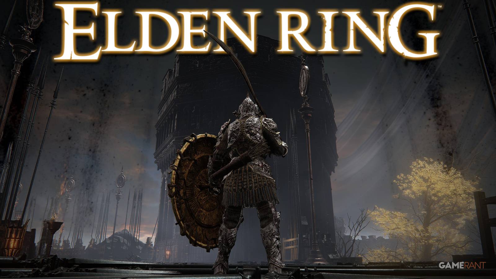 Elden Ring Tarnished in Beast Chamption armor below game logo in Shadow Keep