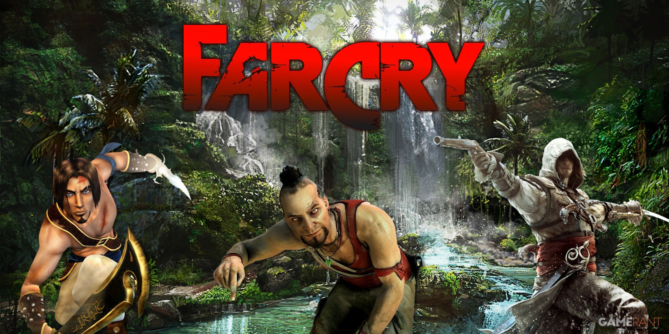 Far Cry 3 promo art overlaid with Prince of Persia, Assassin's Creed, and Vaas