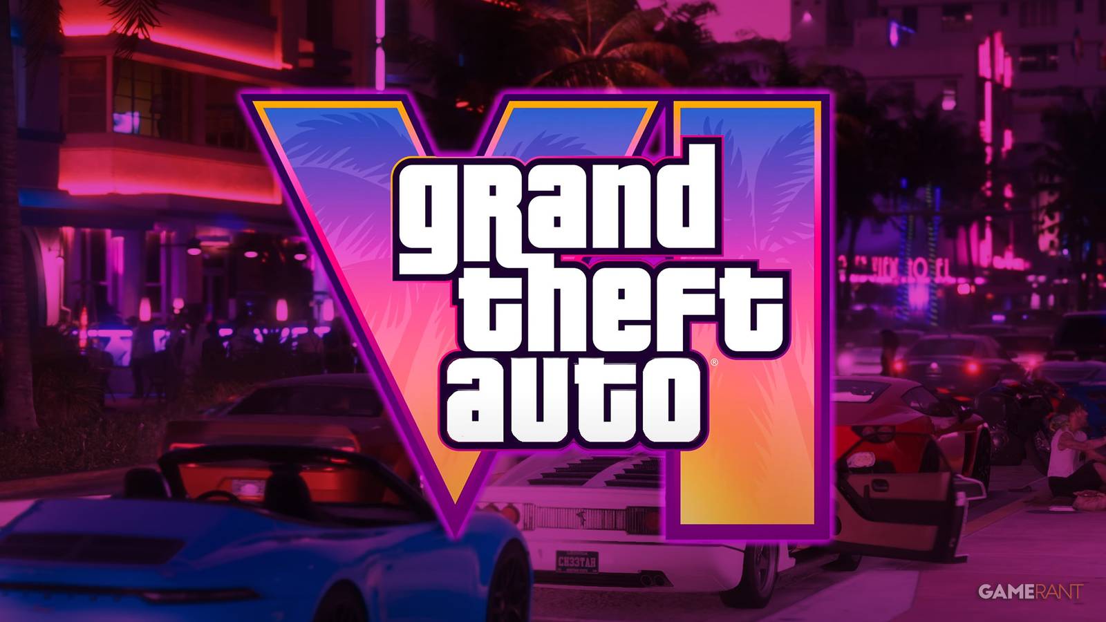 Grand Theft Auto 6 pink-tinted Ocean Beach with game logo composite