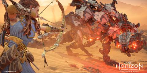 Aloy pointing bow at machine in Horizon Forbidden West