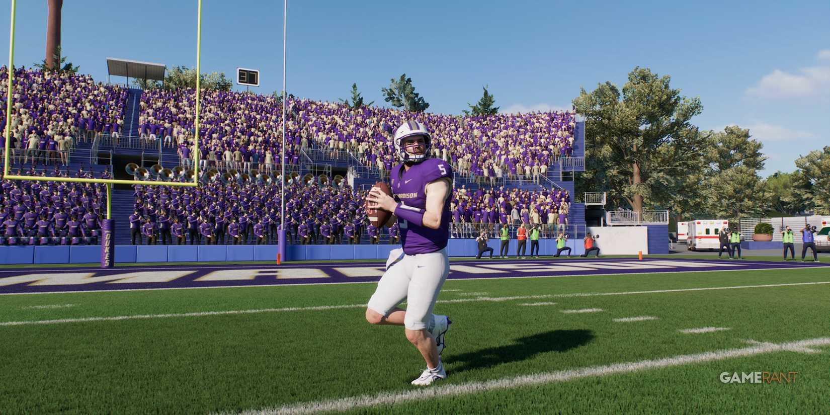 James Madison quarterback in action on the field in College Football 25