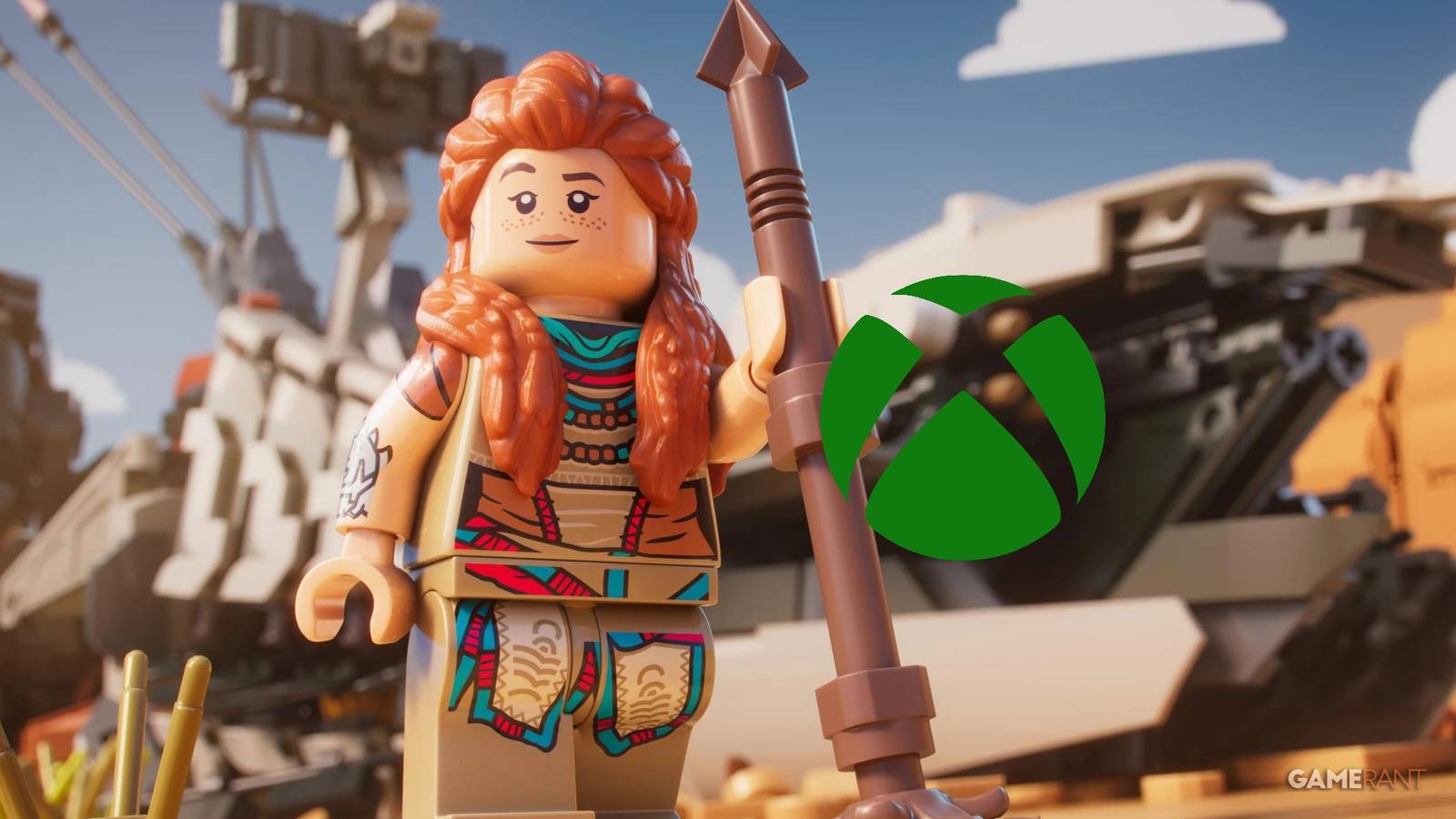xbox logo next to aloy from lego horizon adventures