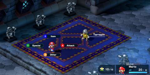 Mario in a combat in Super Mario RPG