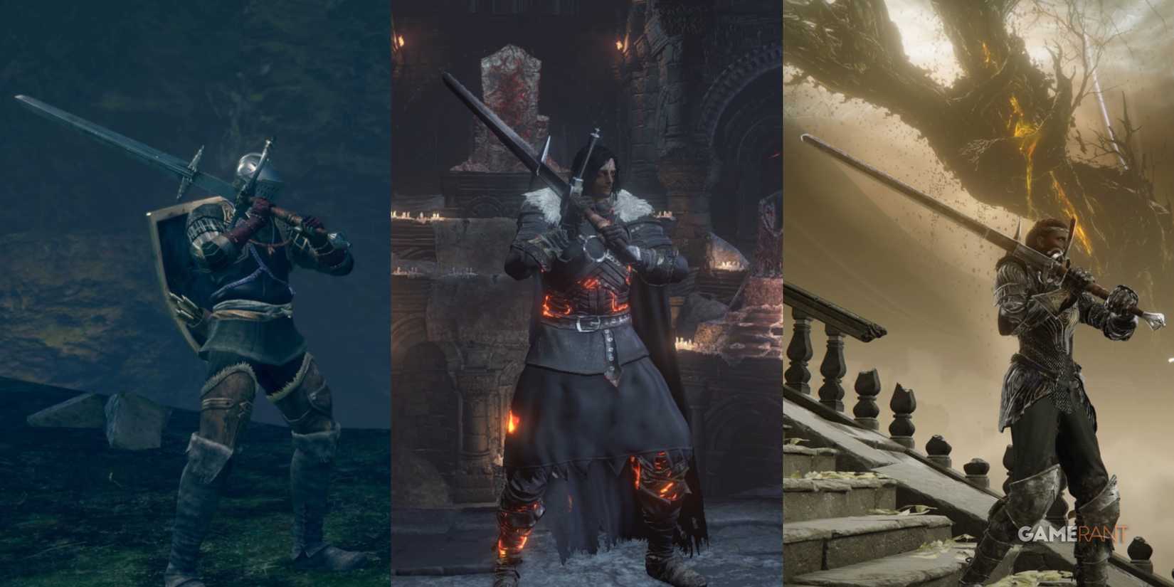 10 Most Iconic Weapons In Soulsborne Games Three soulsborne games showing players holding a large sword