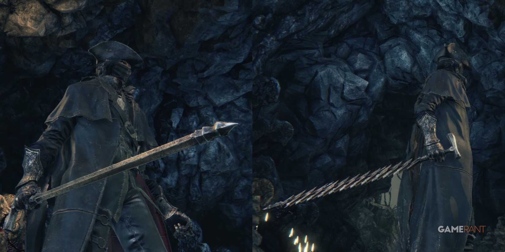 10 Most Iconic Weapons In Soulsborne Games Player holding two forms of the Threaded Cane