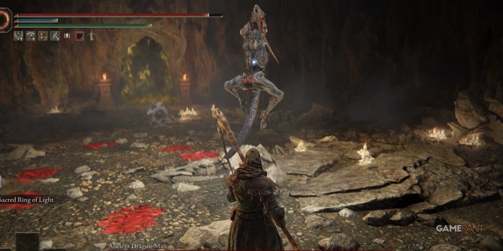 Elden Ring: 15 Easiest Bosses, Ranked Ancient Dragon Man leaps into the air with his sword to attack player