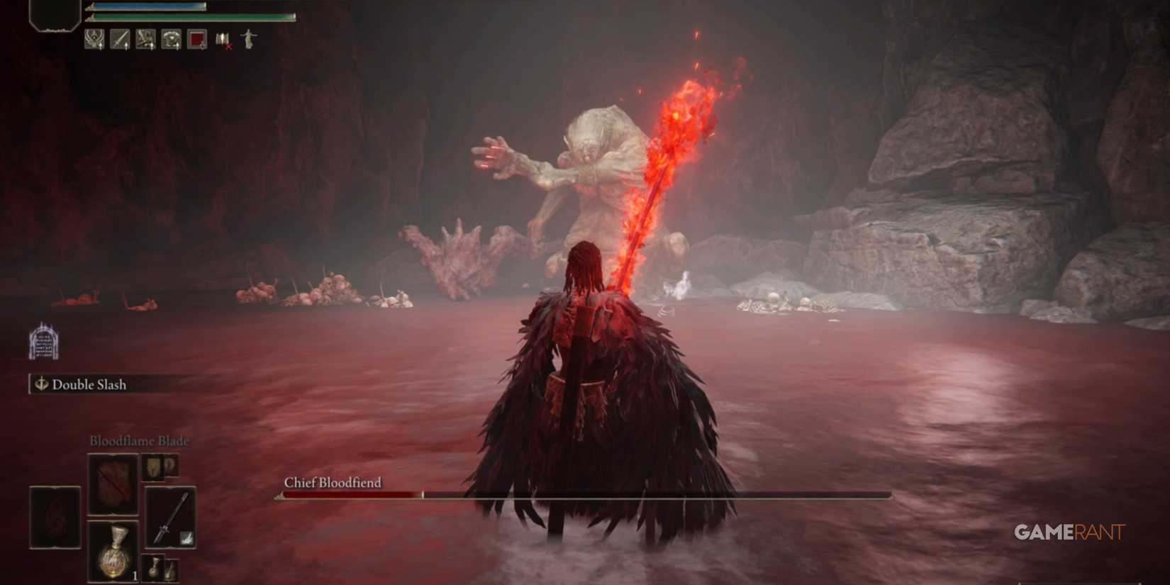 Elden Ring: 15 Easiest Bosses, Ranked Player stands before Chief bloodfiend with a flaming sword in pool of blood