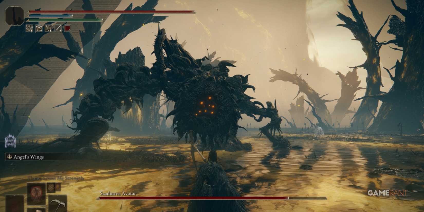 Elden Ring: 15 Easiest Bosses, Ranked The Scadutree Avatar Approaches the player in a pool of yellow liquid