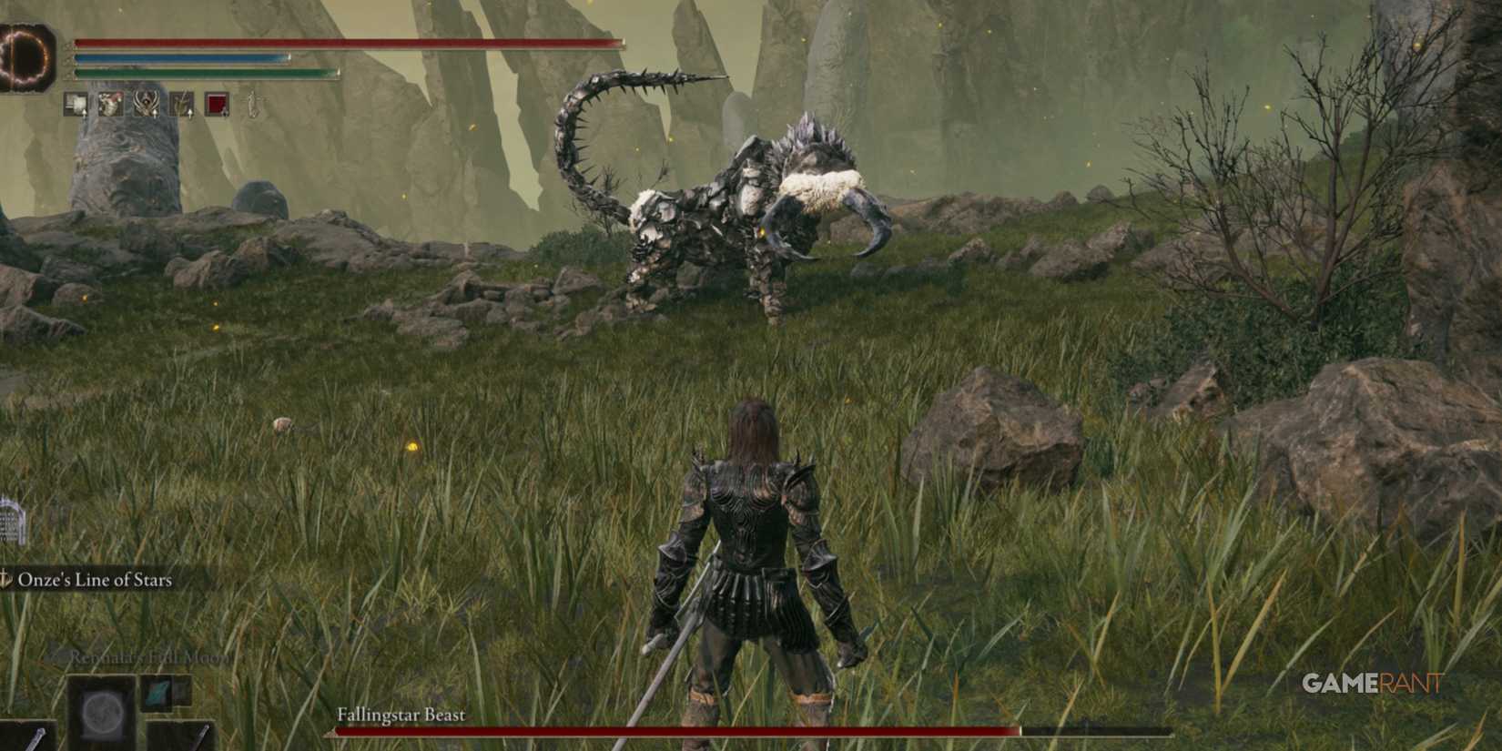 Elden Ring: 10 Bosses That Should Have Been Harder PLayer confronts a Fallingstar Beast in the Hinterlands