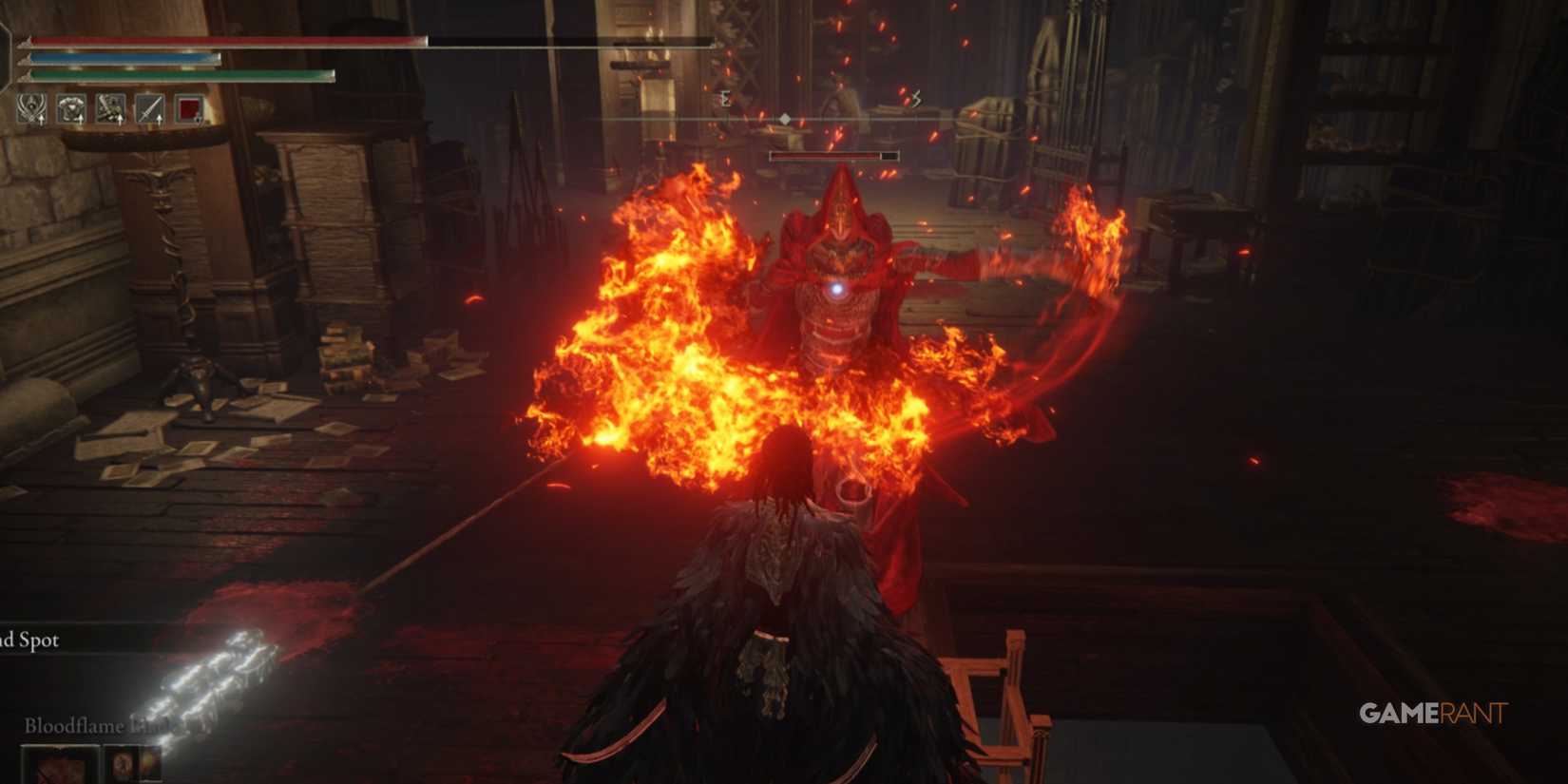 Elden Ring player fights a fire knight, who attacks with fire