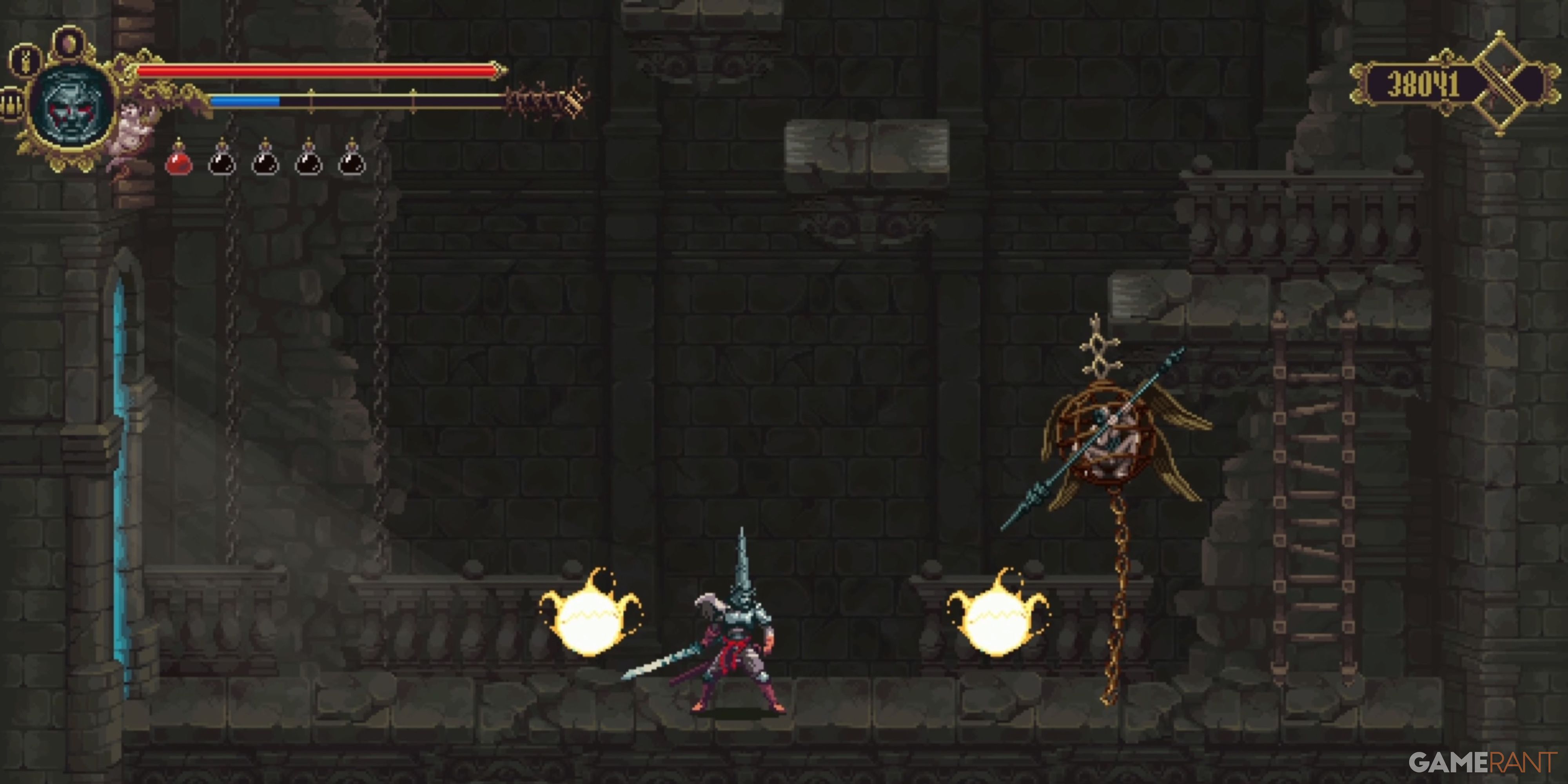 10 Best Metroidvanias On the PS5, Ranked The Penitant One fights an enemy while two fireballs drop