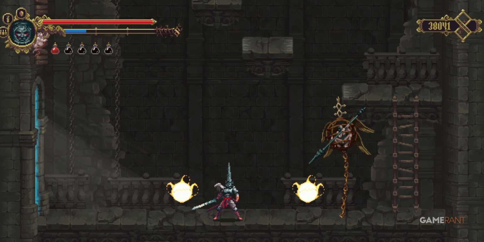 10 Best Metroidvanias On the PS5, Ranked The Penitant One fights an enemy while two fireballs drop