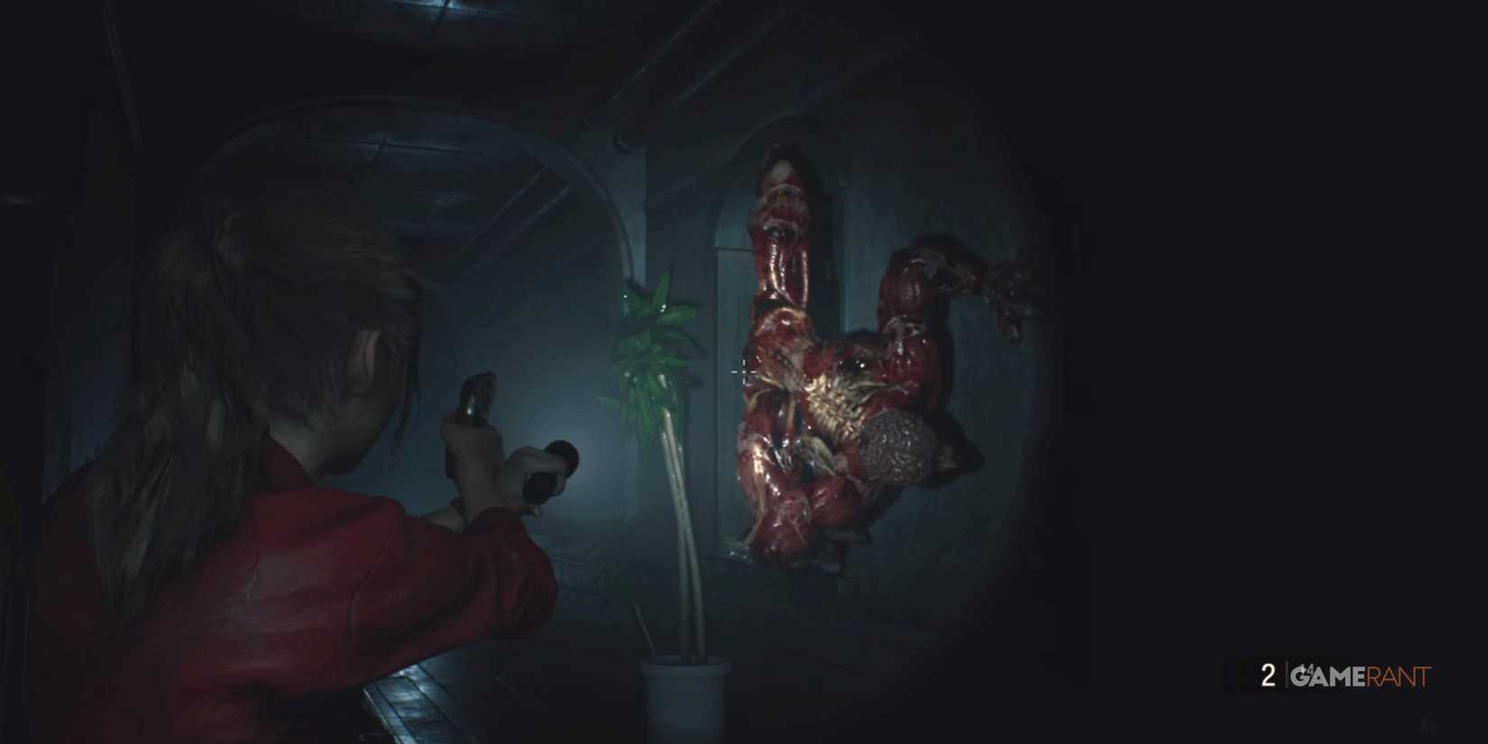10 Most Disturbing Body Horror Enemies in Gaming Claire Redfield aiming at a Licker on the wall