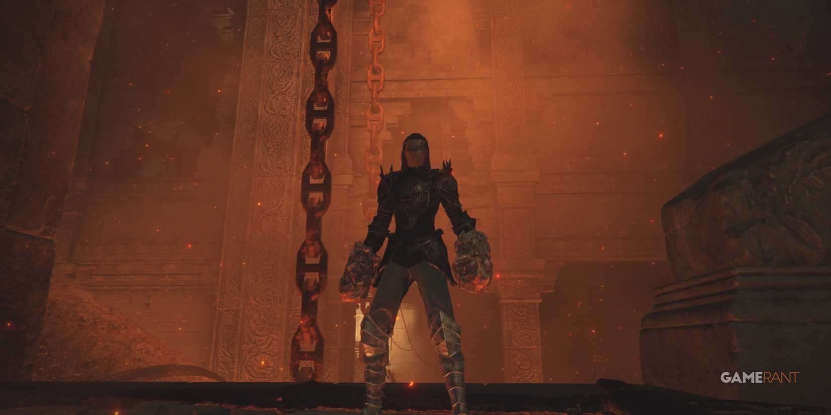 Elden Ring player standing in a forge in shadow of the erdtree with golem fists