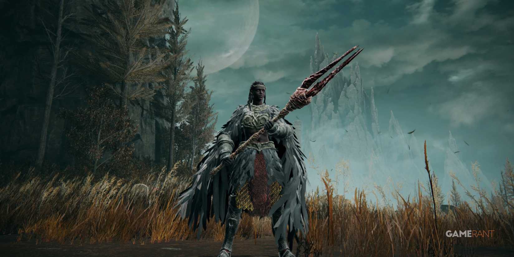 Elden Ring player holding the bloodfiend fork in the land of shadow