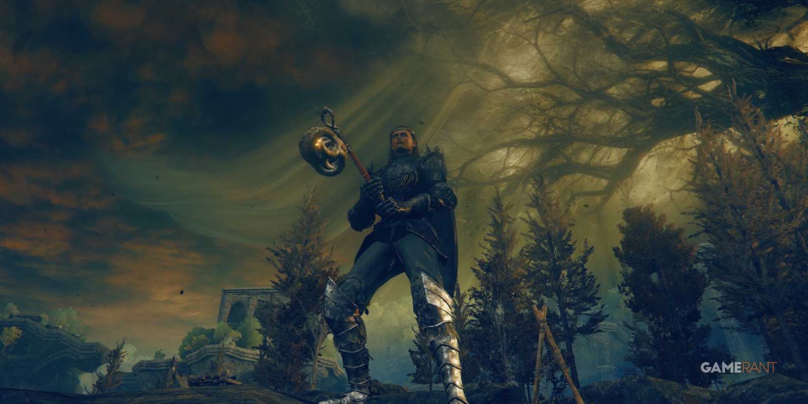 Elden Ring player holding Serpent Flail with the Scadutree in the background