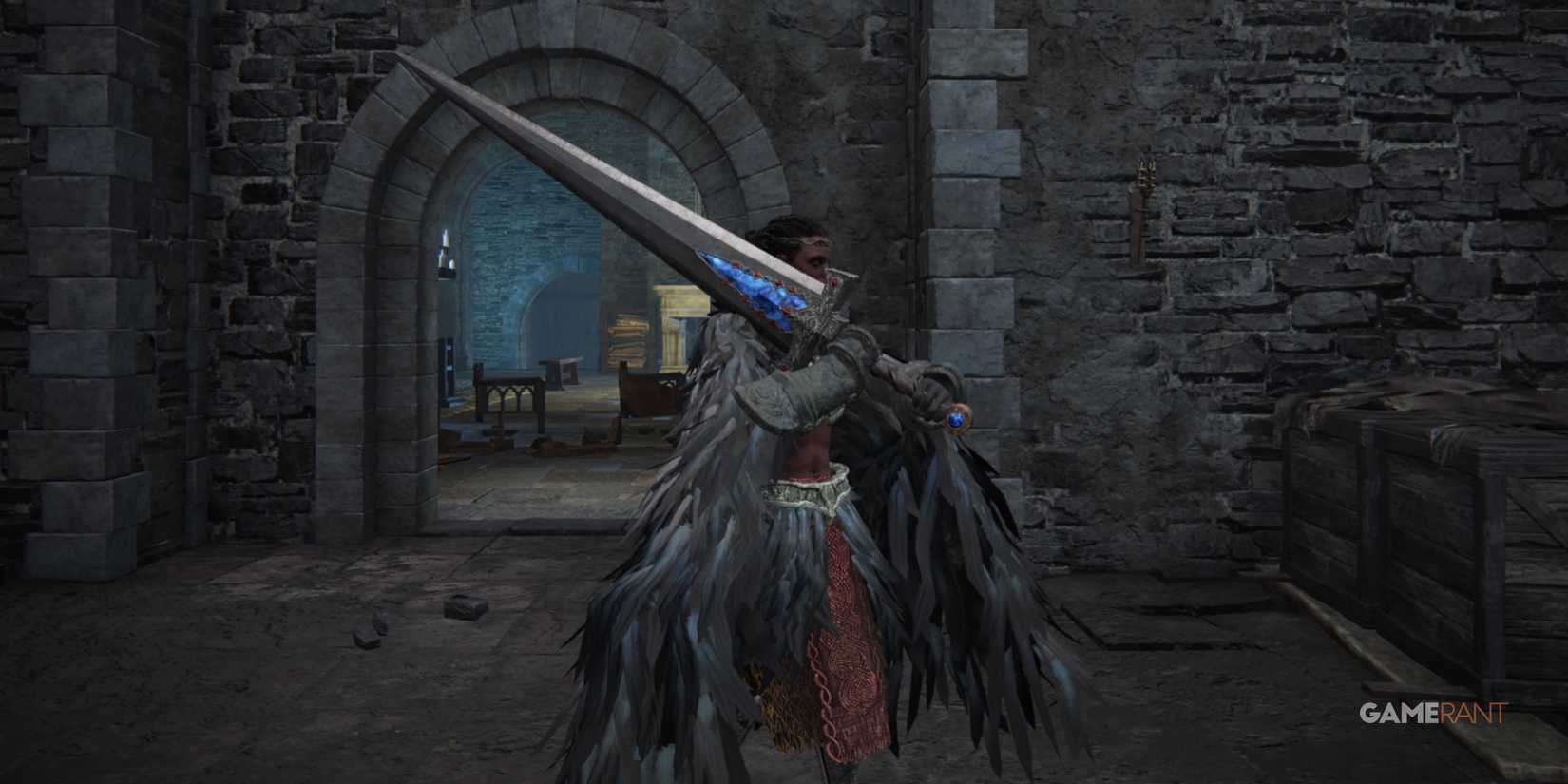 Elden Ring player standing with knight sword in castle ensis