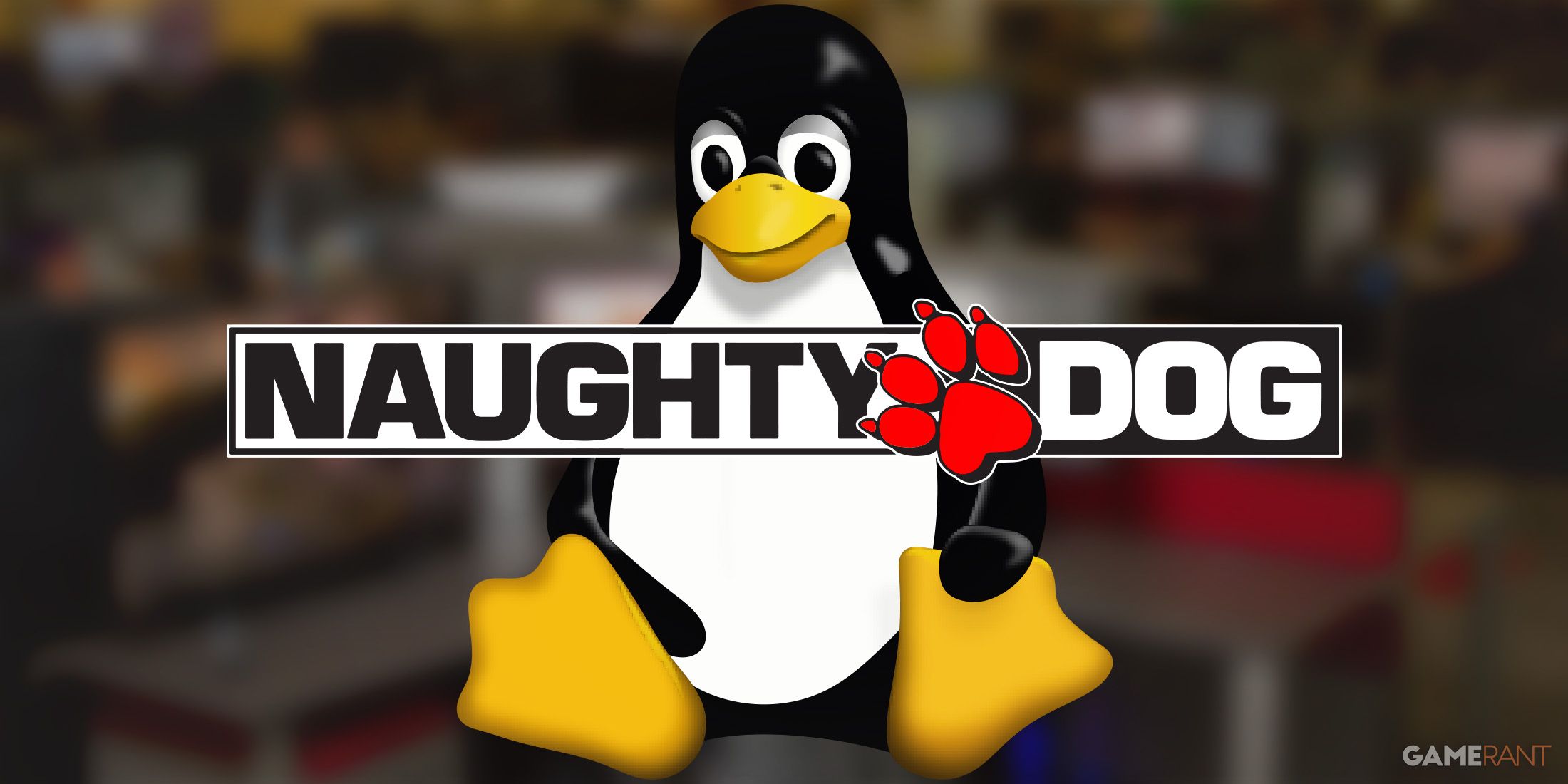 Naughty Dog logo in front of Linux Tux mascot