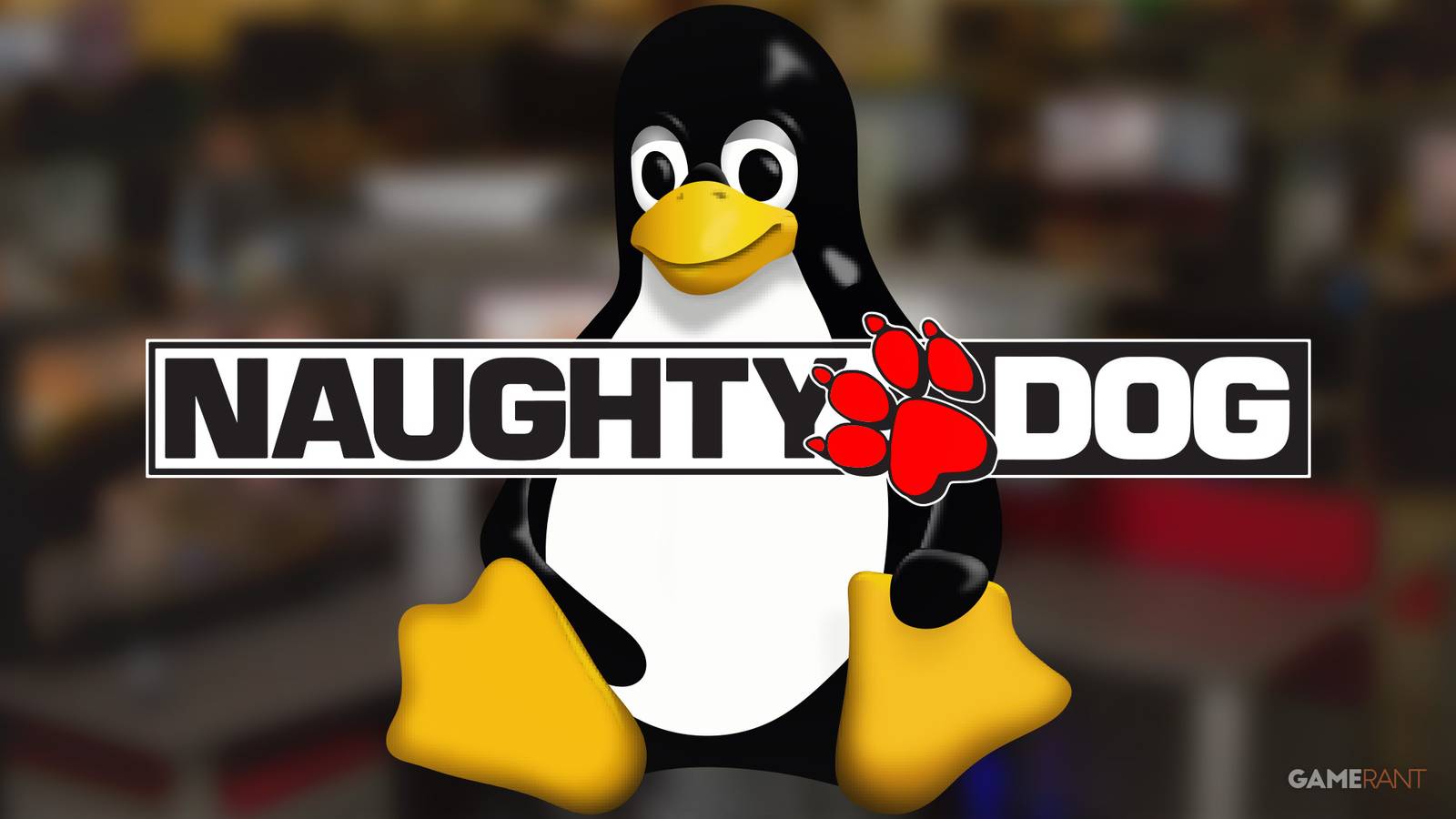 Naughty Dog logo in front of Linux Tux mascot