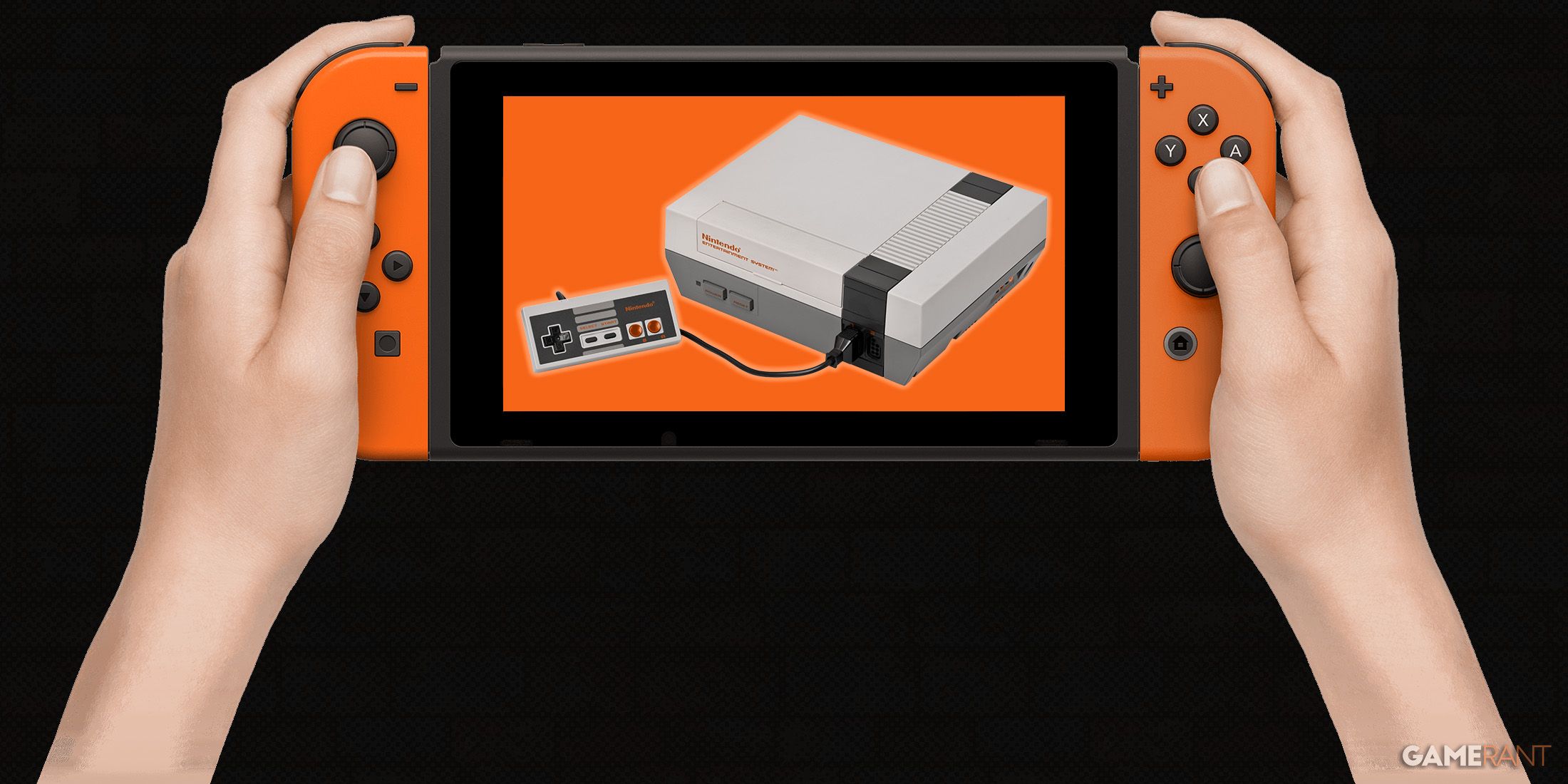 Nintendo Switch orange displaying Nintendo Entertainment System NES Famicom dark brick wall background composite