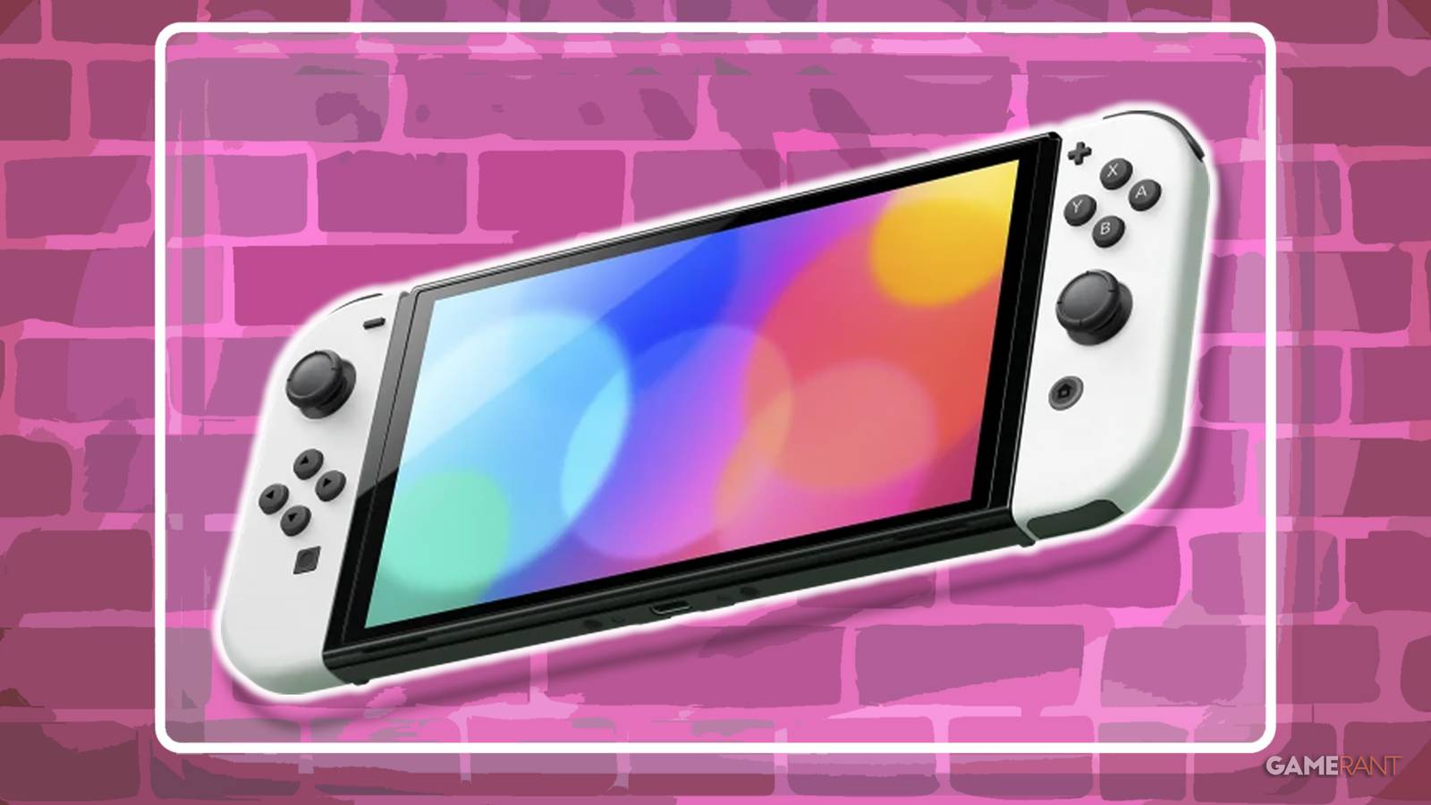 Nintendo Switch white OLED Model on stylized pink brick wall neon sign composite