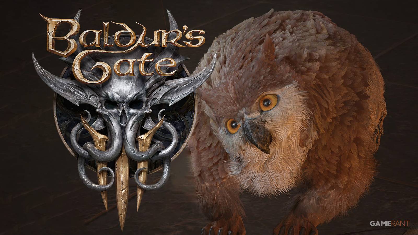 Owlbear cub looking at vertical Baldur's Gate 3 logo composite