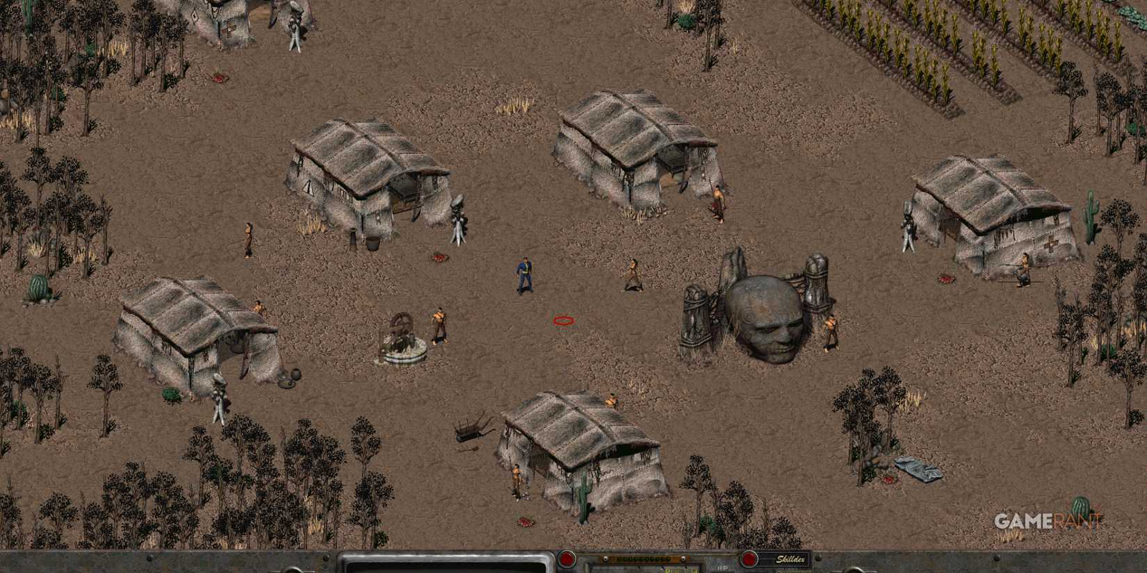 Player in a desert village with huts and NPCs in Fallout 2