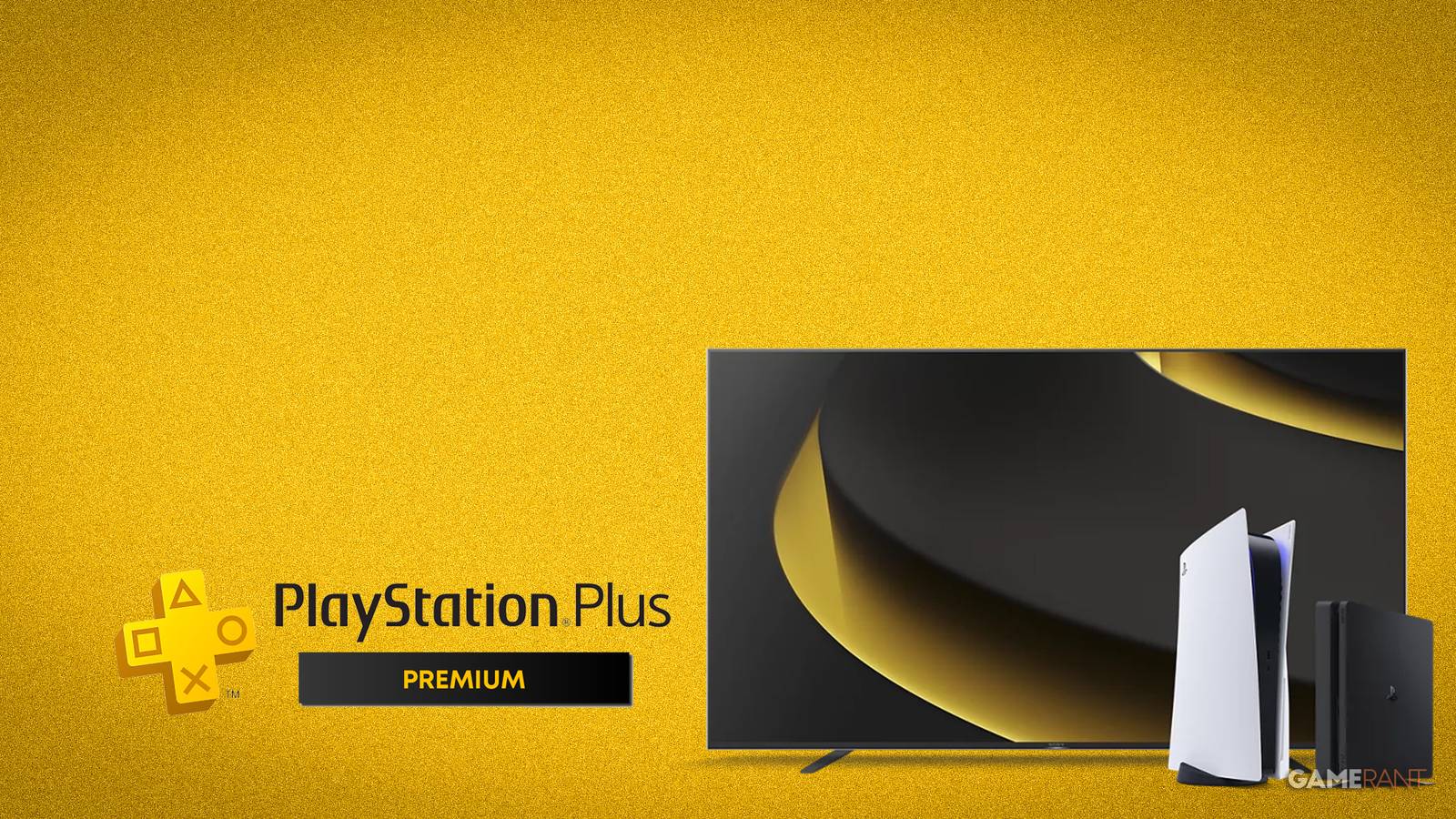 playstation plus premium logo and tv on yellow background