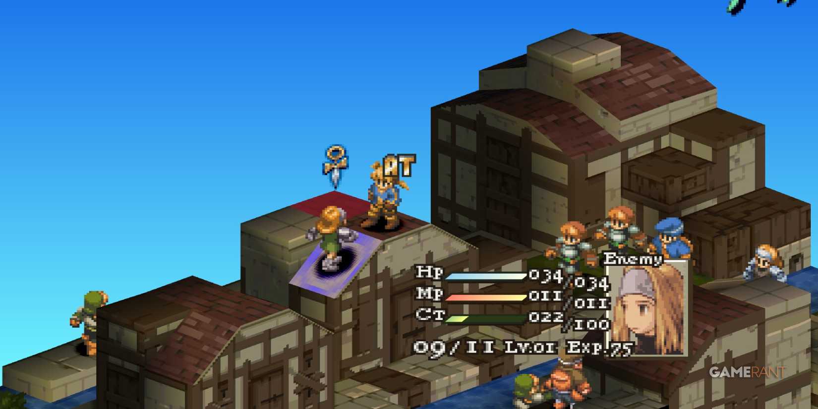 Ramza attacking an enemy in Final Fantasy Tactics