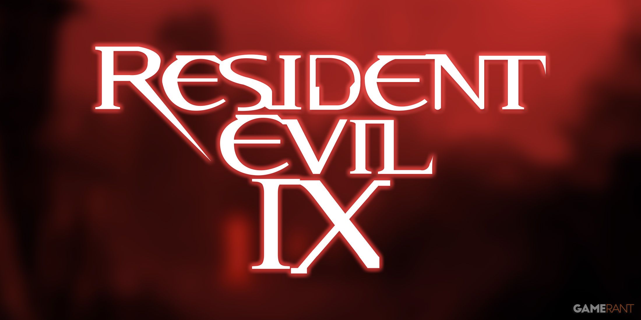 Resident Evil 9 IX mockup logo on red-tinted and blurry RE4 remake village background