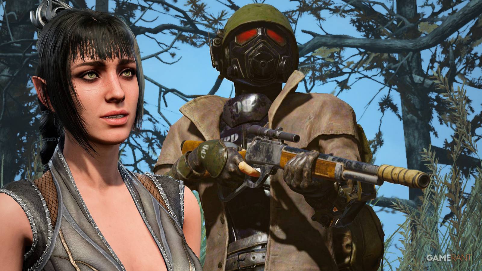 Shadowheart from Baldur's Gate 3 next to F76 character wearing Fallout New Vegas ranger uniform armor composite