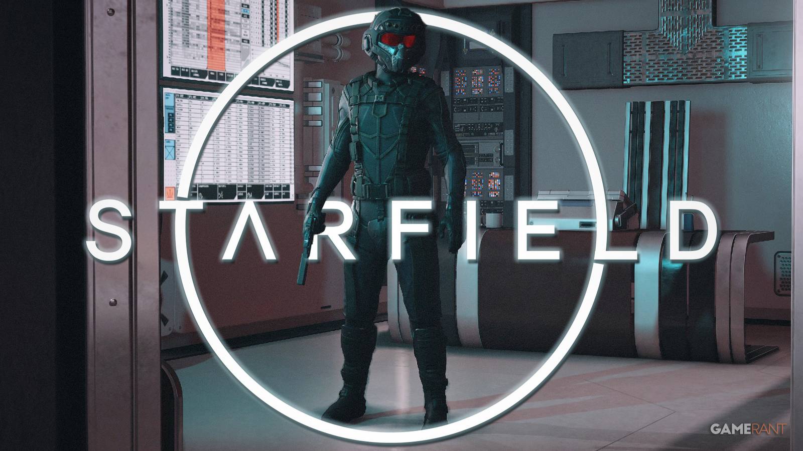 Starfield Ryujin Operative Stealth Suit with glowing game logo composite