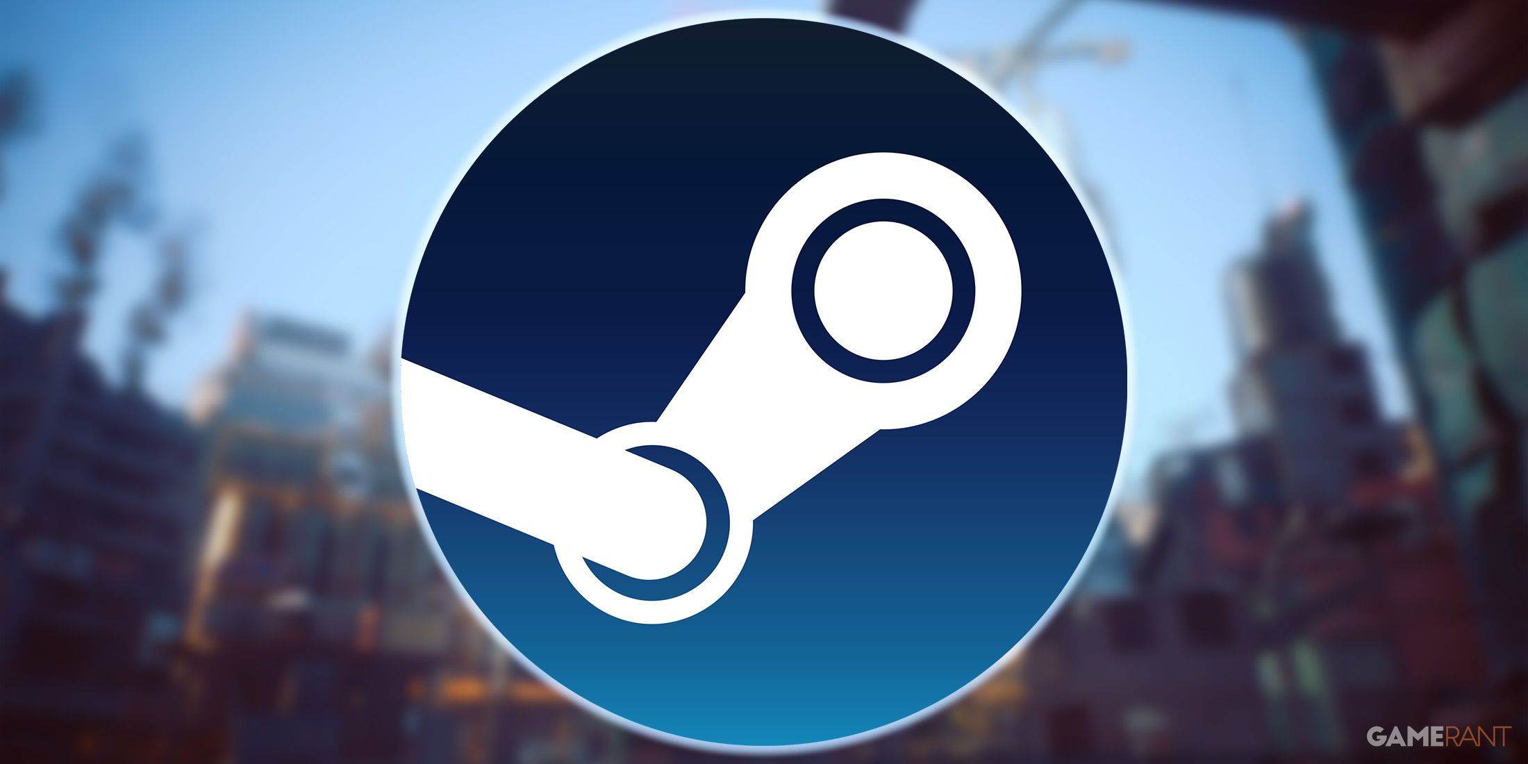 Steam logo with glowing blue border on Blurred Cyberpunk 2077 Phantom Liberty screenshot