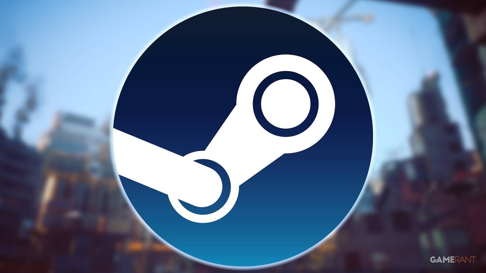 Steam logo with glowing blue border on Blurred Cyberpunk 2077 Phantom Liberty screenshot