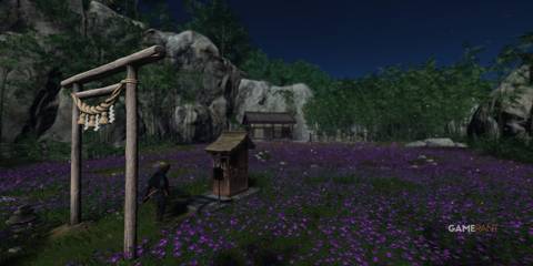 a field of lilac flowers with an altar at its entrance