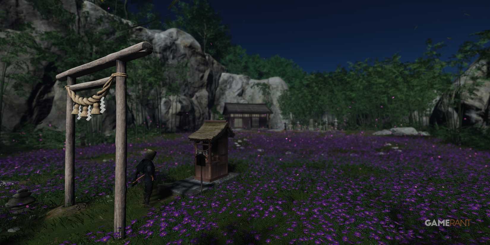 a field of lilac flowers with an altar at its entrance