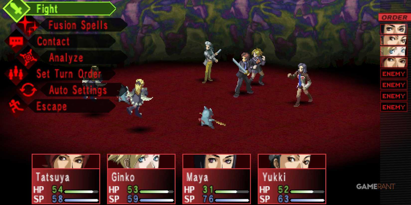 Tatsuya Suou and other party members fighting in Persona 2 Innocent Sin
