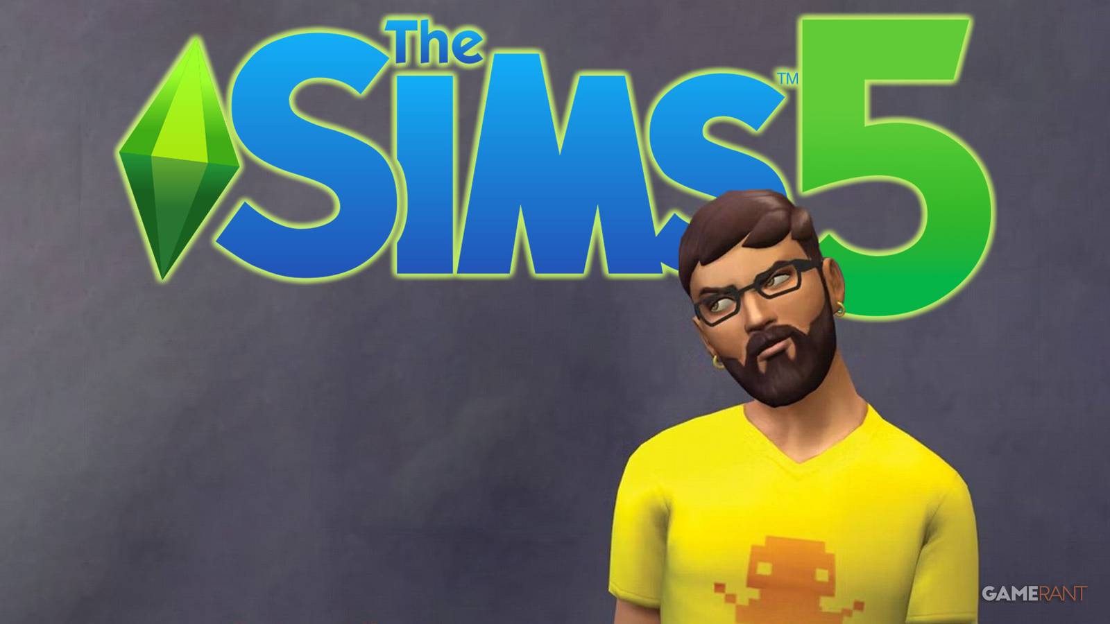 The Sims 5 logo mockup above angry-looking sim in yellow gaming t-shirt on gray background