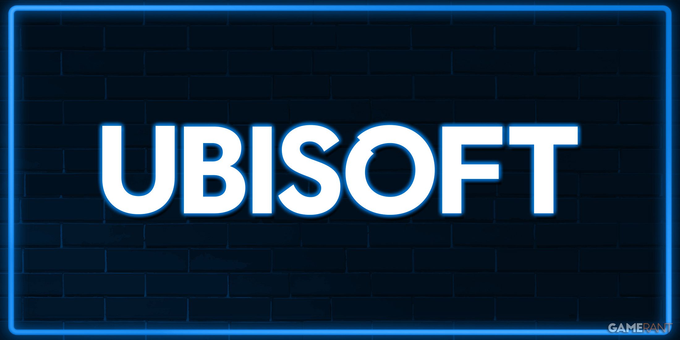 Ubisoft white blue neon sign on dark wall illustration