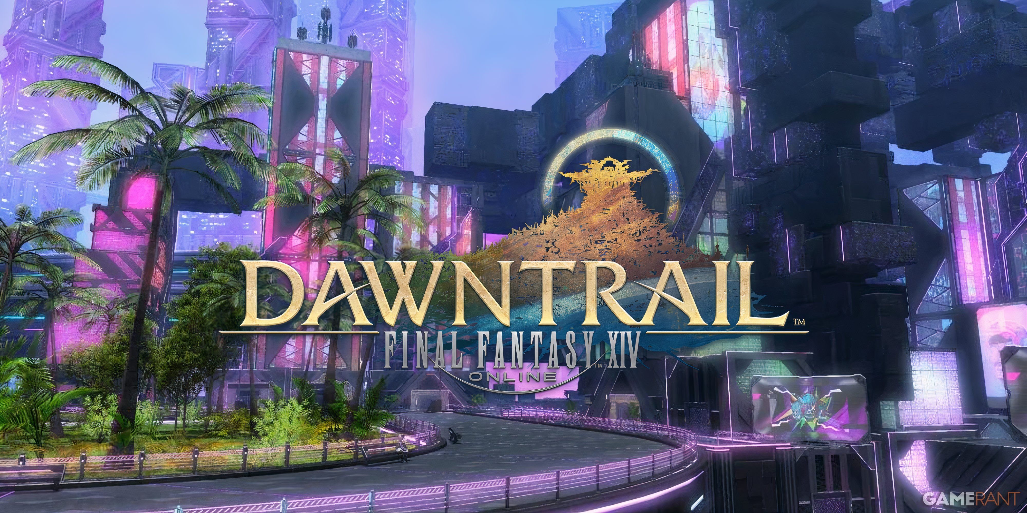 Final Fantasy 14 city with dawntrail logo on it