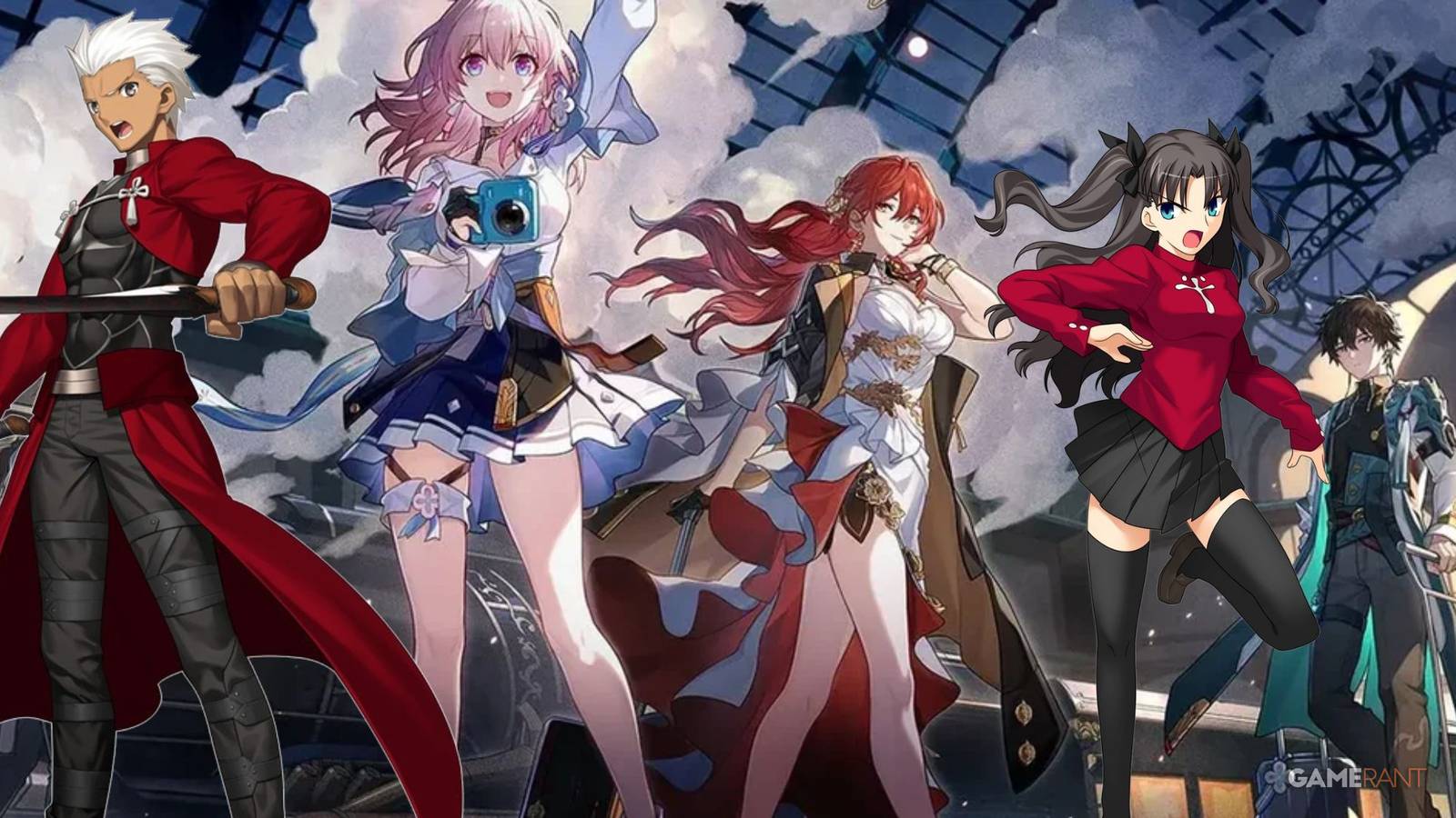 Characters from Honkai: Star Rail and Fate/Stay Night depicted together in order to highlight their upcoming crossover. Left to right: Archer Emiya, March 7th, Himeko, Rin Tohsaka, Dan Heng.